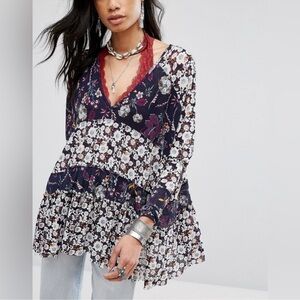 Free People Floral Blouse - Navy and White